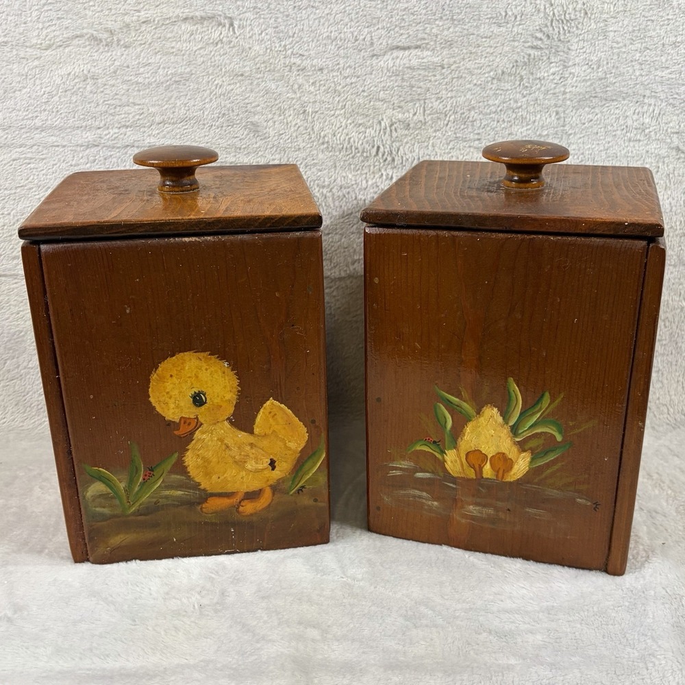 Vintage Hand Painted‎ Wooden Duckling Trinket Boxes Pair Cottagecore Folk Art
